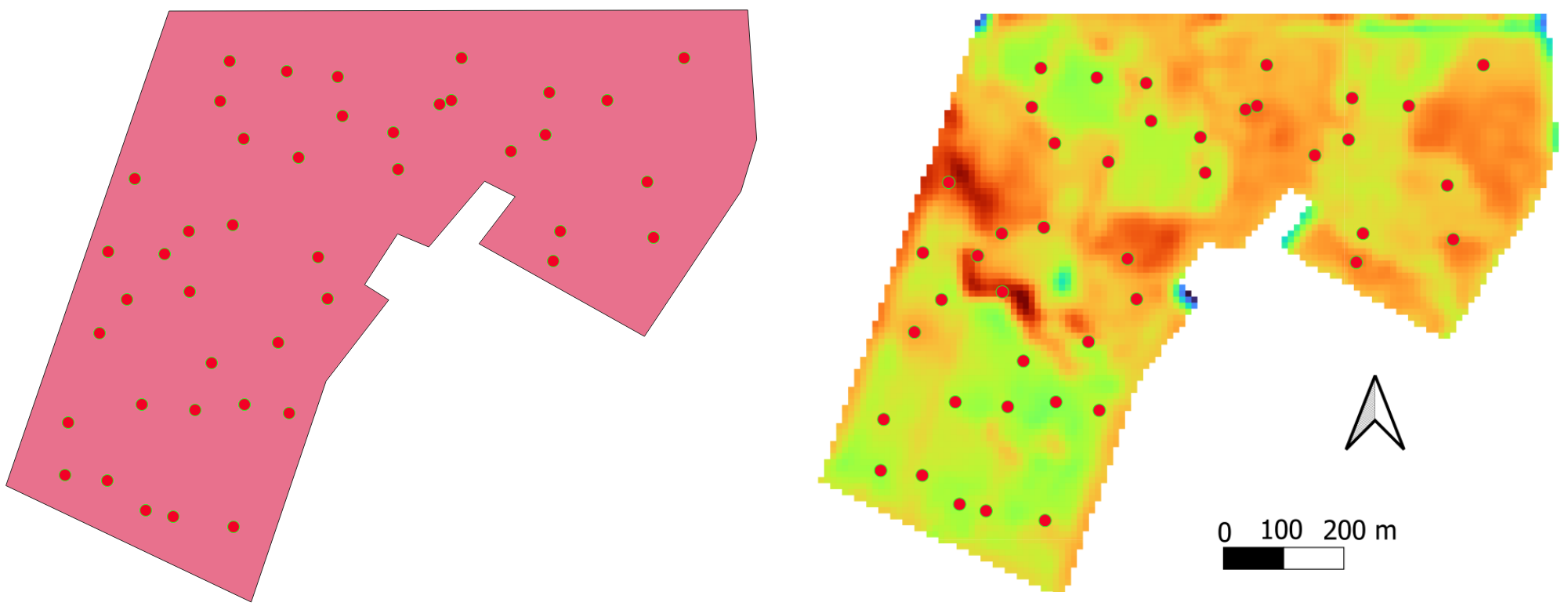 Left: shape of the field with selected locations. Right: bare soil index  
